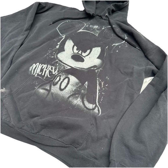 Black Graphic Angry Mickey Mouse Hoodie Cut Neckline Size XL Paint Stains Disney - Picture 4 of 7